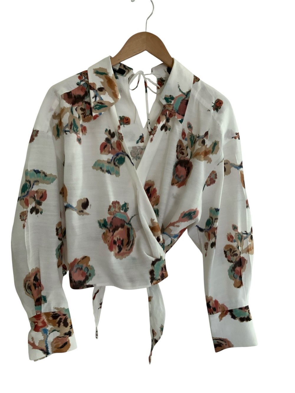Vince White Floral Wrap Blouse with Tie Back Large
